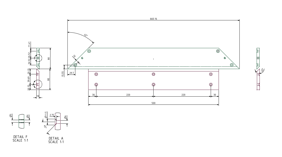 Uitsnede van een technische tekening met maatvoering, boringen en doorsneden