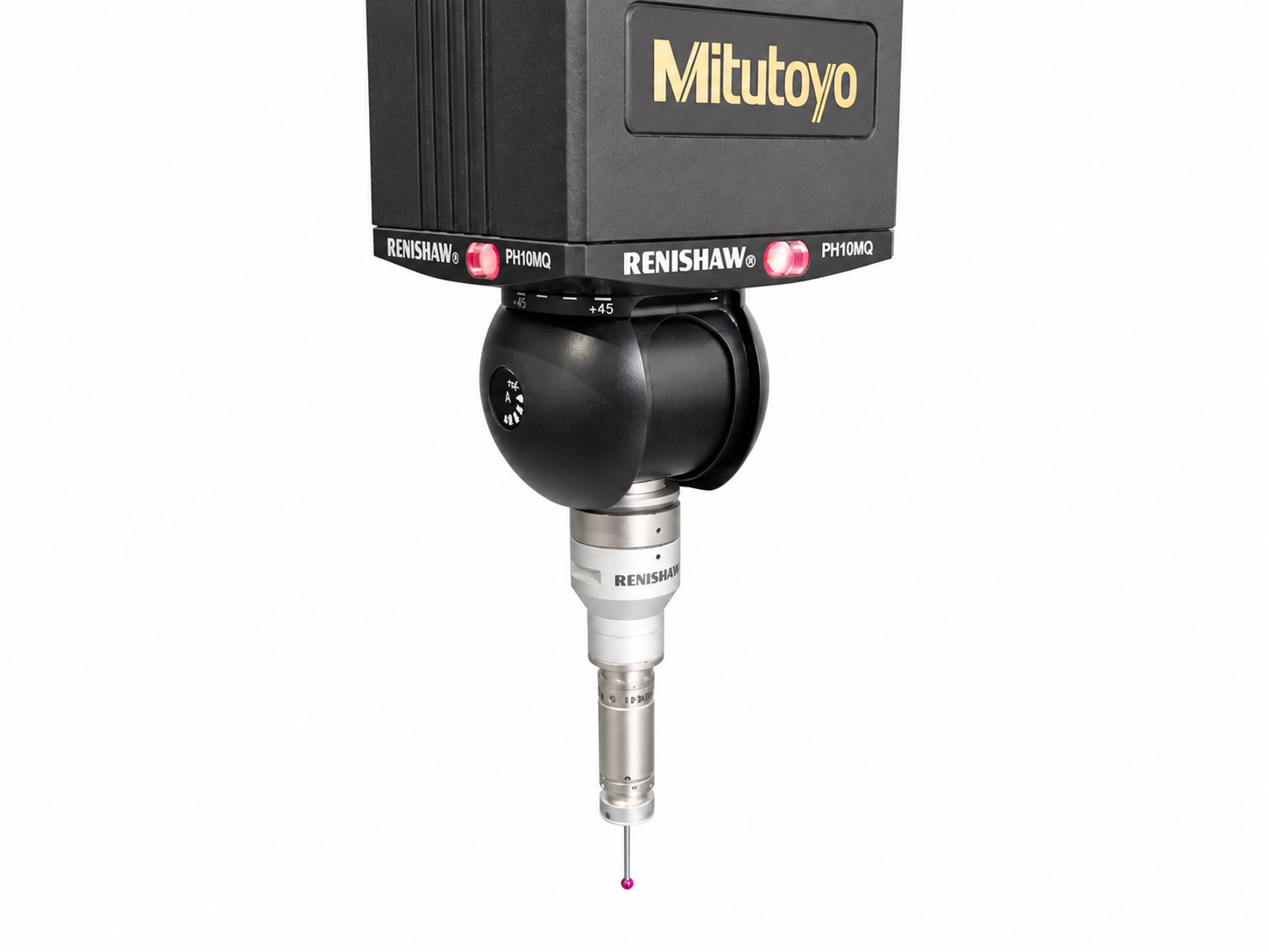 Mitutoyo-meettaster met Renishaw-meetkop en robijnrode tastkogel op witte achtergrond